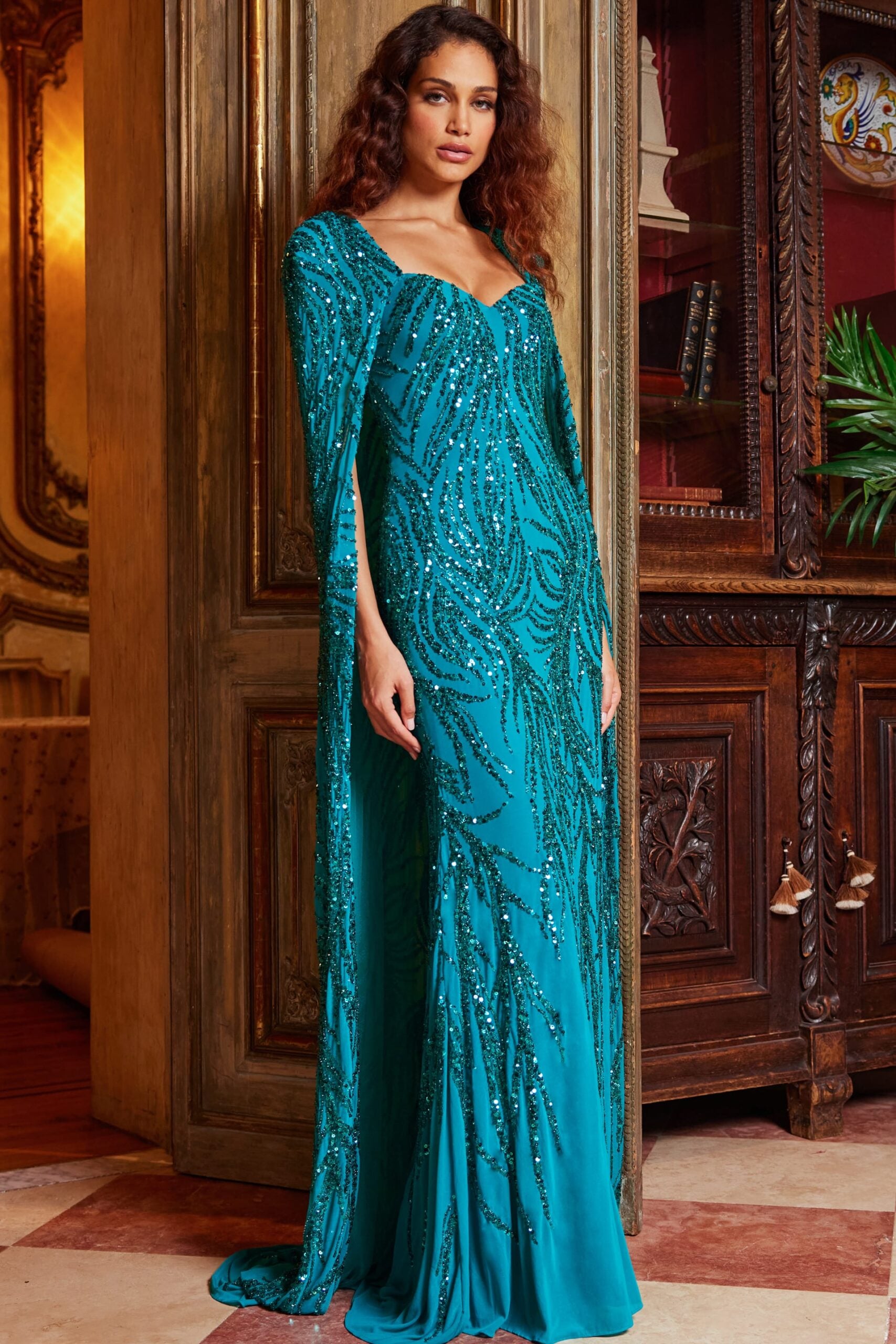 Jovani 23891 Peacock Embellished Long Cape Evening Gown Jovani jovani-23891-peacock-embellished-long-cape-evening-gown-jovani