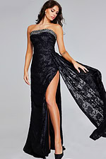 model wearing Jovani 23892 black evening gown with high slit and beaded neckline