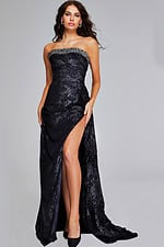 full-length view of model wearing Jovani 23892 black evening gown with high slit