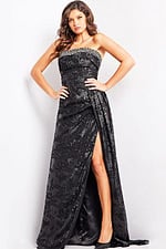 Jovani 23892 black evening gown with high slit and straight neckline