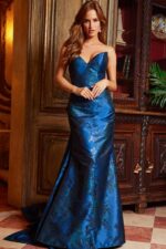 Model in Jovani 23898 navy dress, full-length view with sweetheart neckline.