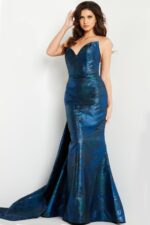 Full-length model wearing Jovani 23898 navy dress with stunning fit.
