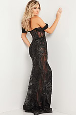 Model wearing Jovani 23920 from an angle, showcasing the black gown’s details