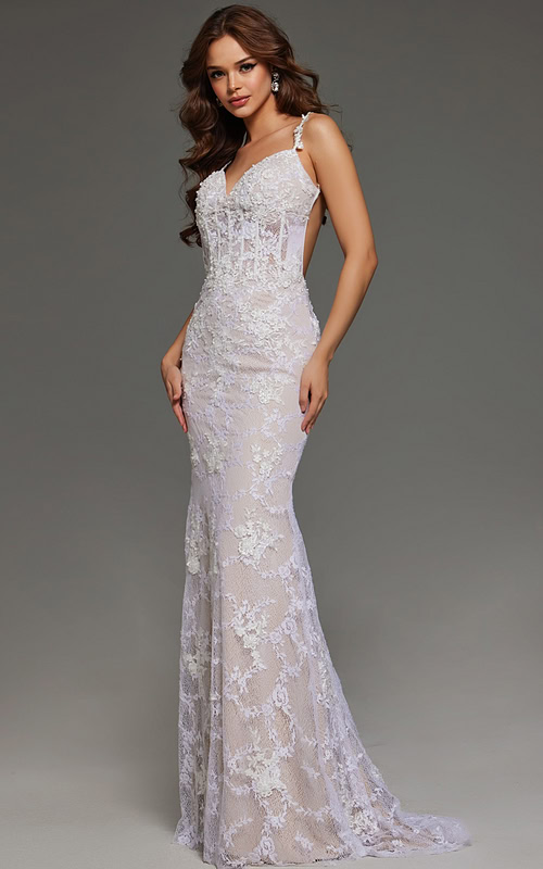 model wearing Jovani 23965 white mermaid gown with lace and floral details