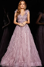 Front view of Jovani 24000 purple dress with feathered cap sleeves.