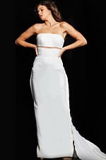 Jovani 24011 white gown with bandeau neckline, front pose.