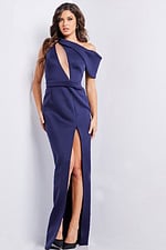 Full-length view of model wearing Jovani 24017 navy gown with high slit and asymmetric neckline.