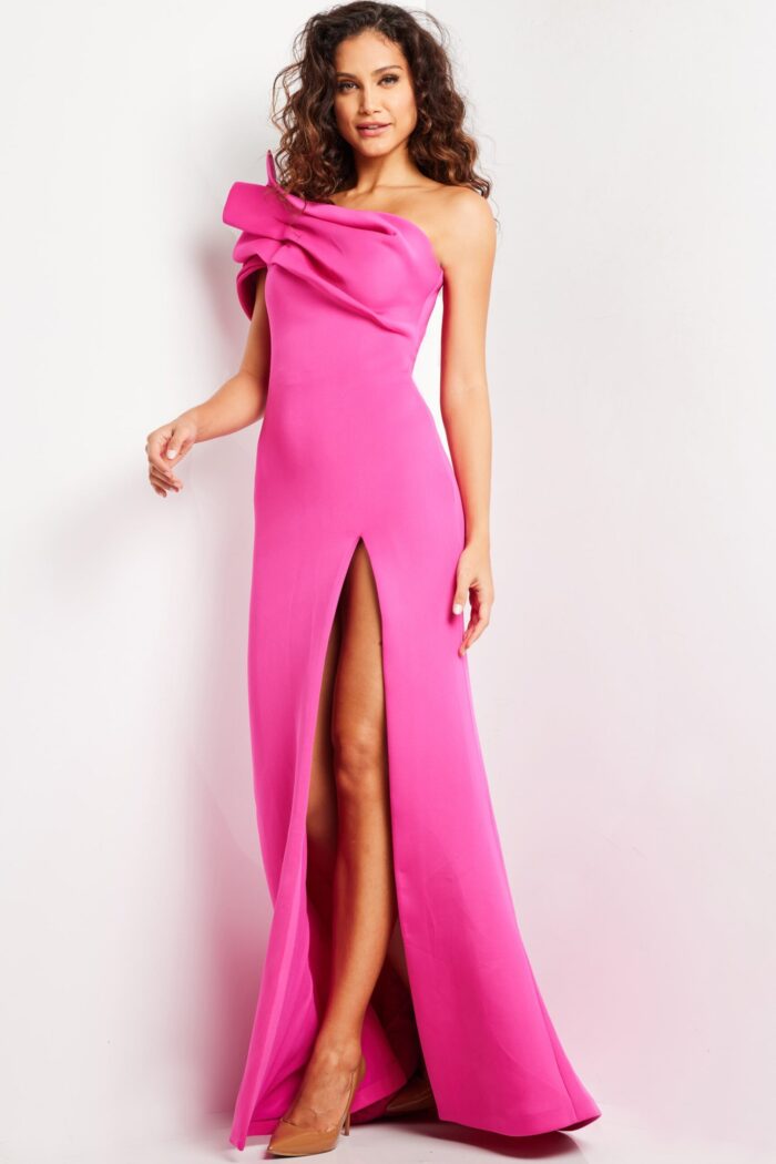 model wearing Jovani 24018 fuchsia gown showcasing the off-the-shoulder neckline