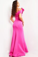 rear view of model wearing Jovani 24018 fuchsia gown with smooth silhouette