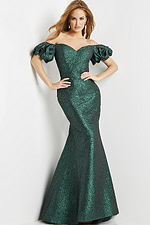 Model wearing Jovani 24044 full-length green dress with mermaid silhouette, viewed from the front.