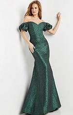 Model wearing Jovani 24044 green dress with sweetheart neckline and off-the-shoulder sleeves.