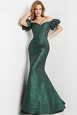 Model wearing Jovani 24044 green dress with sweetheart neckline and short sleeves, viewed from the front.