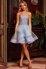 Model wearing Jovani K24050, front view of elegant A-line blue dress.