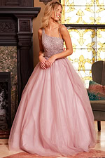 model in Jovani 24051 blush ballgown posing with elegant beaded bodice
