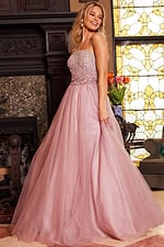 side view of model wearing Jovani 24051 blush ballgown