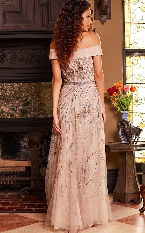 Back view of Jovani 24055 beige dress, featuring off-the-shoulder neckline and intricate embroidery.