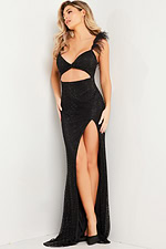 Model displaying Jovani 24095 black evening gown, high slit style.