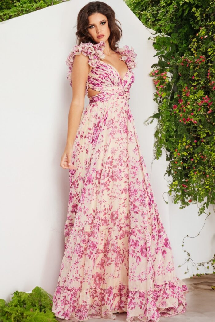 Model wearing Jovani 24139 floral dress with A-line silhouette