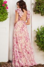 Back view of model wearing Jovani 24139 with lace-up detail