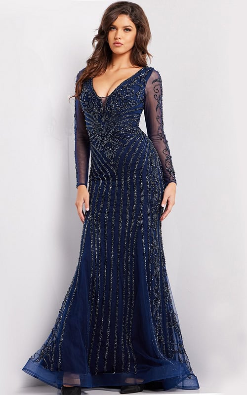 Model wearing Jovani 24236 navy dress with V-neckline and long sleeves.