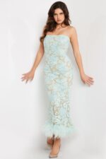 Full-length view of Jovani 24256 aqua dress showing feather detail and lace embellishment