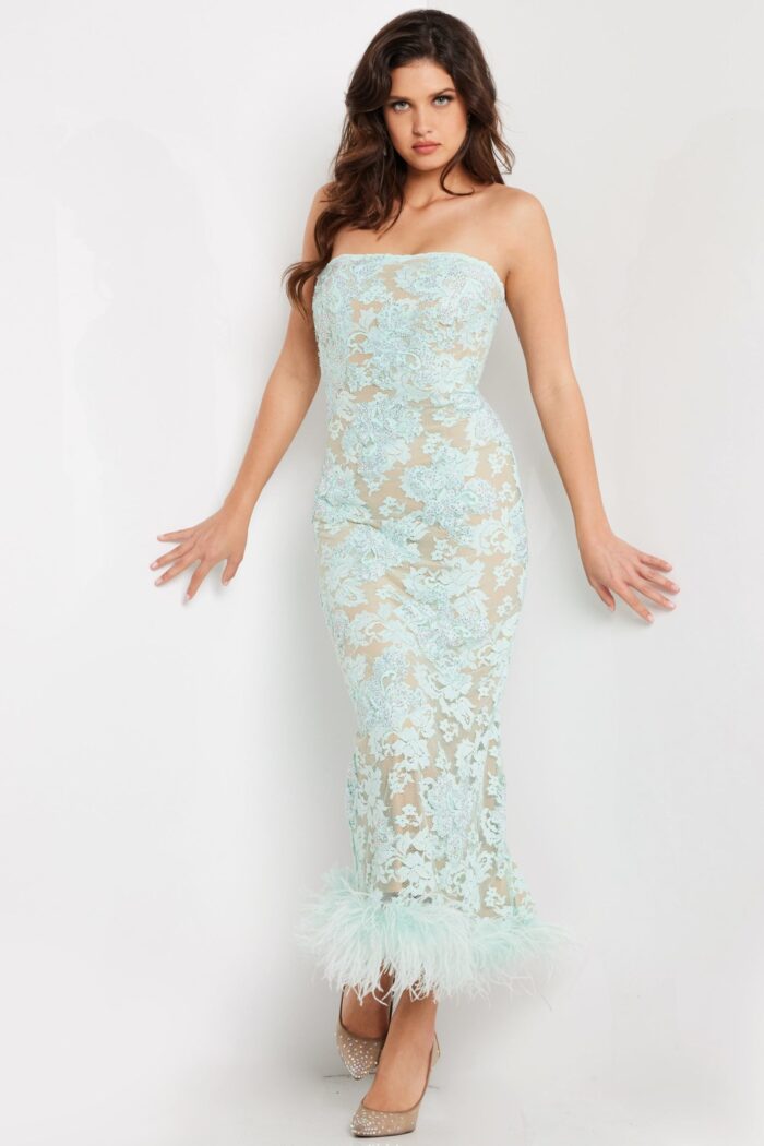 Full-length view of Jovani 24256 aqua dress showing feather detail and lace embellishment