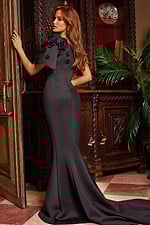 Rear angle of Jovani 24279 black dress showcasing floral shoulder