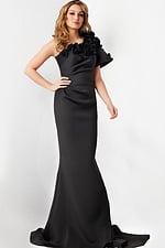 Front view of Jovani 24279 black dress emphasizing floral detail