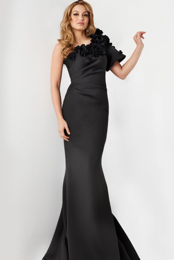 Side perspective of Jovani 24279 black dress with mermaid silhouette