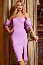 Model wearing Jovani 38078 lilac dress with strapless neckline and off-shoulder sleeves.