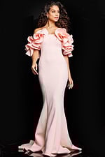 Model wearing Jovani 24280 blush evening gown with ruffled sleeves, front pose.
