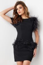 Front view of Jovani 24558 black dress with feather accents on sleeves.