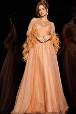 Model showcasing Jovani 24559 cafe gown front view with embellished bodice