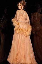 Back view of Jovani 24559 cafe gown with illusion neckline and feathered sleeves