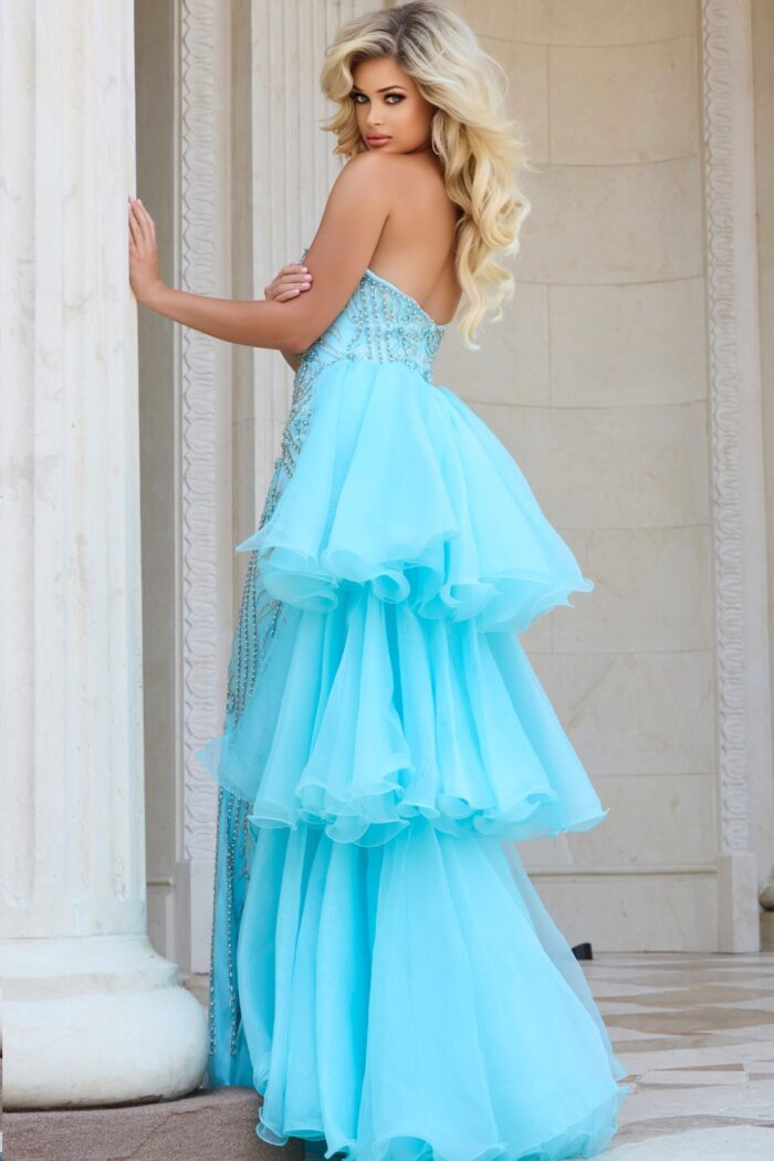 JOVANI エンベリッシュ フリンジレース Sexy ロングドレスブルー One-Shoulder Ruffled Gown with Beaded Detail 24565 | Jovani