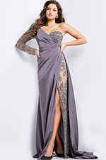 Model wearing Jovani 24593 gray gown with beaded sleeve and high slit, another front view.