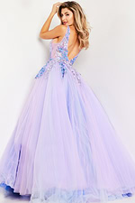 Back view of model wearing Jovani 24602 lilac gown with deep V-back and layered tulle