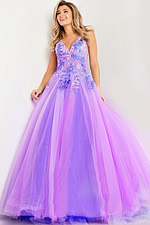 Model wearing Jovani 24602 lilac gown with floral embroidery and A-line silhouette front view