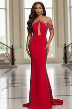 hatler neck red embellished dress