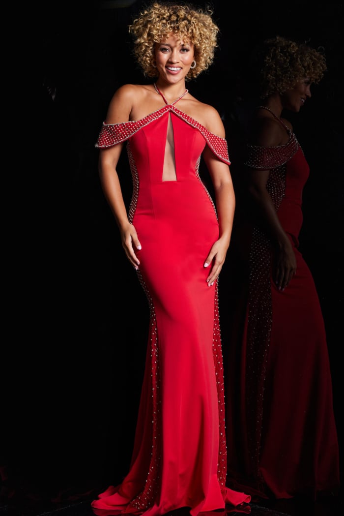 Model in front view of Jovani 24611 red gown with elegant off-the-shoulder design.