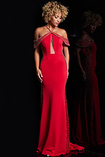 Front view of Jovani 24611 red gown with keyhole cutout and beaded embellishments.