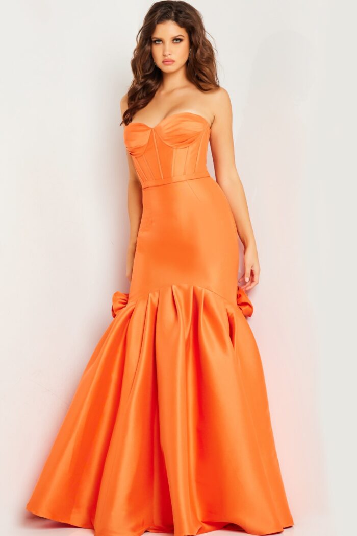 Model wearing Jovani 24613 evening gown from the side.