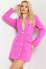 Model in 24619 hot pink dress with sparkling button details and long sleeves.