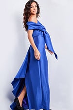 Model wearing Jovani 24641 purple off-the-shoulder floor-length dress, back view.
