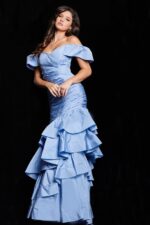 Front view of Jovani 24646 blue off-the-shoulder mermaid dress.