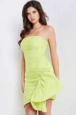 Front angle of model in Jovani 36928 lime dress with cascading detail.