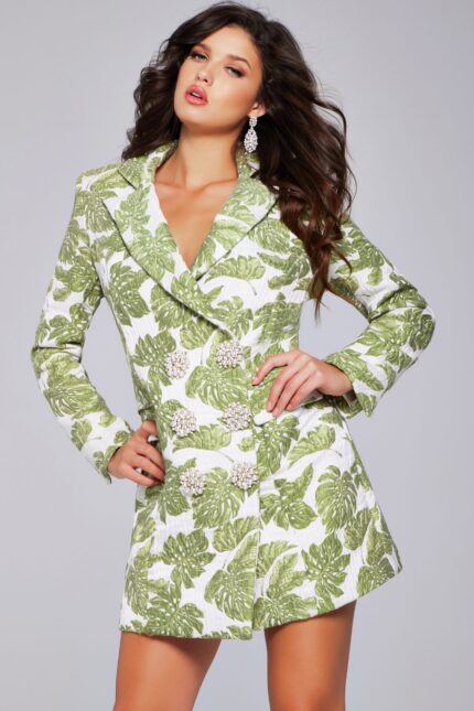 model wearing 24650 printed mini dress with blazer style and ornamental buttons