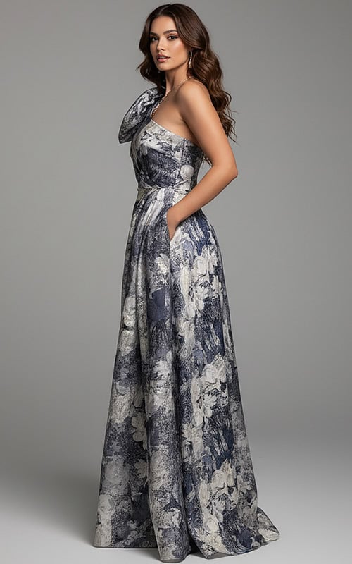 side view of model wearing Jovani 25663 dress showing off the printed pattern and one-shoulder design.