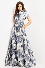 model wearing Jovani 25664 elegant A-line print dress with collar and short sleeves