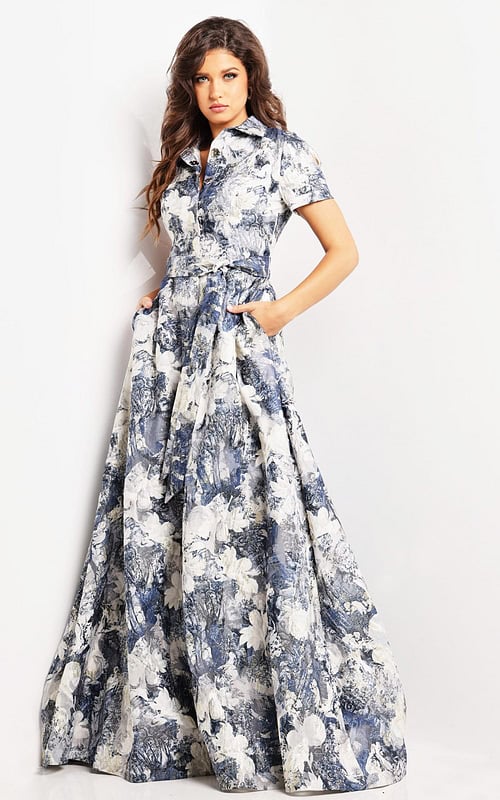 model wearing Jovani 25664 elegant A-line print dress with collar and short sleeves